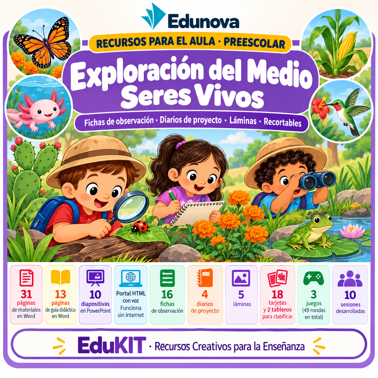 Exploración del Medio: Seres Vivos para Preescolar | 16 Fichas de Observación, 18 Tarjetas, 3 Juegos y Portal con Voz 1 Exploración del Medio: Seres Vivos para Preescolar | 16 Fichas de Observación, 18 Tarjetas, 3 Juegos y Portal con Voz