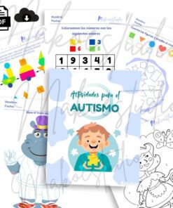 Se presentan cinco coloridas hojas de actividades imprimibles para niños, tituladas "Actividades para el Autismo". Las actividades incluyen colorear, unir y contar, con ilustraciones simpáticas y diseños adaptados a los niños.