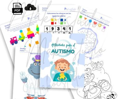 Se presentan cinco coloridas hojas de actividades imprimibles para niños, tituladas "Actividades para el Autismo". Las actividades incluyen colorear, unir y contar, con ilustraciones simpáticas y diseños adaptados a los niños.