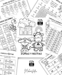 Hojas de trabajo en blanco y negro para niños sobre suma y resta en español, con simpáticos personajes de animales, problemas de matemáticas, cuadrículas numéricas e ilustraciones atractivas para aprender habilidades matemáticas básicas.