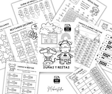 Hojas de trabajo en blanco y negro para niños sobre suma y resta en español, con simpáticos personajes de animales, problemas de matemáticas, cuadrículas numéricas e ilustraciones atractivas para aprender habilidades matemáticas básicas.