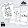 Se muestran tres hojas de ejercicios de lectura ilustradas en blanco y negro para niños. Una de ellas muestra un perro en la portada, mientras que las otras dos muestran un pez y un búho, cada una con preguntas de comprensión lectora debajo. Hay iconos de PDF y descarga.