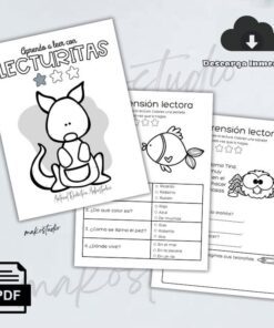 Se muestran tres hojas de ejercicios de lectura ilustradas en blanco y negro para niños. Una de ellas muestra un perro en la portada, mientras que las otras dos muestran un pez y un búho, cada una con preguntas de comprensión lectora debajo. Hay iconos de PDF y descarga.