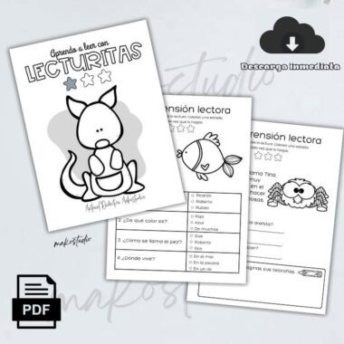 Se muestran tres hojas de ejercicios de lectura ilustradas en blanco y negro para niños. Una de ellas muestra un perro en la portada, mientras que las otras dos muestran un pez y un búho, cada una con preguntas de comprensión lectora debajo. Hay iconos de PDF y descarga.
