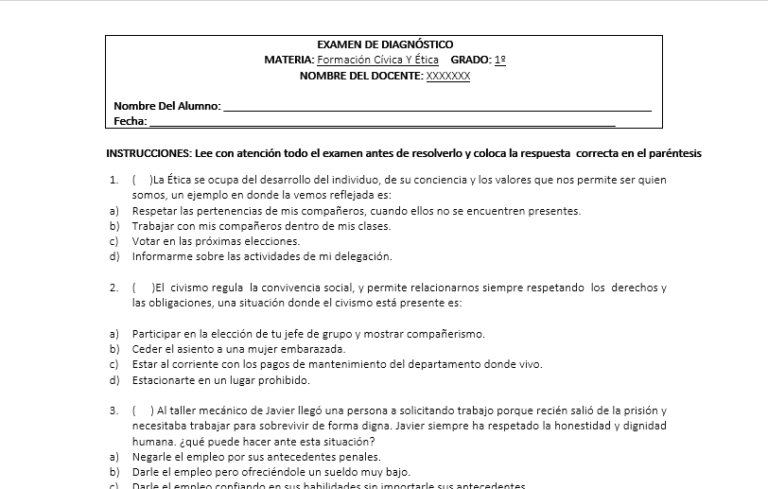 Examen de Diagnostico Formacion Civica Y Ética 1,2,3