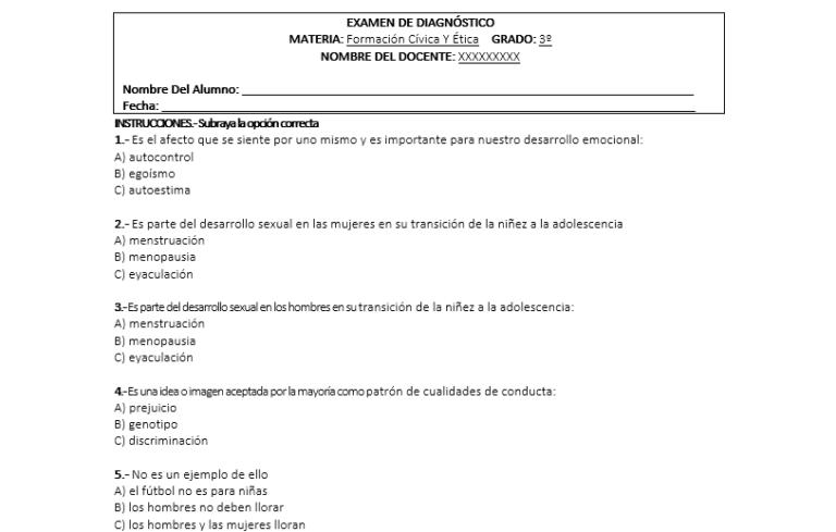Examen de Diagnostico Formacion Civica Y Ética 1,2,3