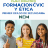 Tres adolescentes sonrientes, dos chicas y un chico, permanecen juntos en interiores dando pulgares arriba. La imagen promociona un programa educativo mexicano sobre ética para alumnos de primer curso de secundaria. Sobre ellos aparecen el texto y el logotipo de NEM.