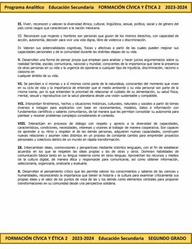 Un documento detallado que describe el 'Programa Analítico Anual FORMACIÓN CÍVICA Y ÉTICA 2 Secundaria 2º (Ciclo Escolar 2023 – 2024)' para el año académico 2023-2024, destacando las secciones II, III, IV y V relacionadas con la identidad nacional, la igualdad de género, desarrollo personal y pensamiento crítico.