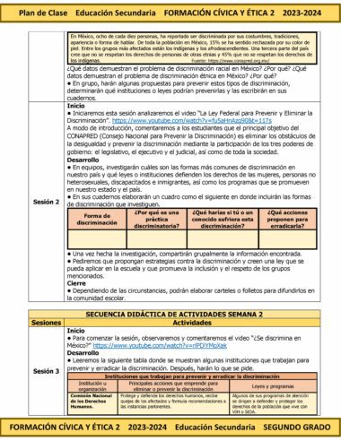 Un plan de lección para el "Programa Analítico Anual FORMACIÓN CÍVICA Y ÉTICA 2 Secundaria 2º (Ciclo Escolar 2023 – 2024)", con dos sesiones centradas en la discriminación en México. Las actividades incluyen debates en clase, análisis de videos y propuesta de soluciones a la discriminación.