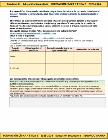Una hoja de trabajo educativa titulada "Programa Analítico Anual FORMACIÓN CÍVICA Y ÉTICA 2 Secundaria 2º (Ciclo Escolar 2023 – 2024)" para estudiantes de secundaria del Ciclo Escolar 2023 - 2024. Trata sobre la resolución de conflictos y la construcción de paz. Se proporcionan un código QR y un enlace de YouTube para un vídeo. El documento está dividido en secciones con texto y viñetas.