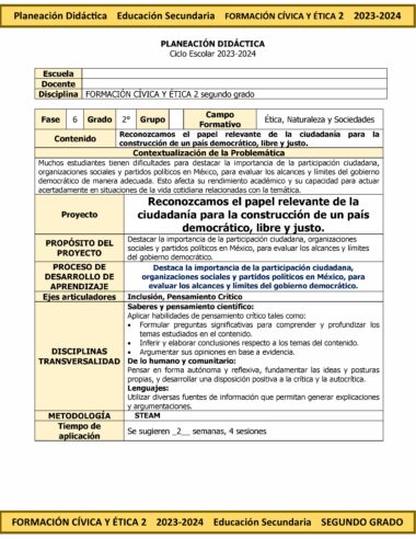 Un documento en español titulado "Planeación Didáctica" para el Ciclo Escolar 2023 – 2024, relativo al Programa Analítico Anual FORMACIÓN CÍVICA Y ÉTICA 2 Secundaria 2º (Ciclo Escolar 2023 – 2024) para 6to grado, 2do trimestre. Incluye descripciones de proyectos, objetivos, criterios de evaluación y recursos para la enseñanza de la democracia en México.