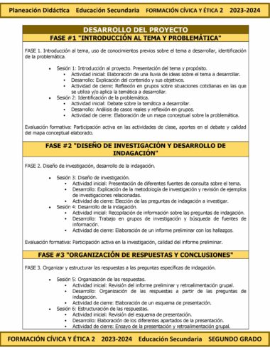 Una infografía que detalla "Desarrollo del Proyecto: Fase 1: Identificación del tema y problematización" para un curso de secundaria del Programa Analítico Anual FORMACIÓN CÍVICA Y ÉTICA 2 Secundaria 2º (Ciclo Escolar 2023 – 2024). Incluye actividades como lluvia de ideas, definición del tema, estudios de casos y reflexiones grupales dentro del Ciclo Escolar 2023 – 2024.