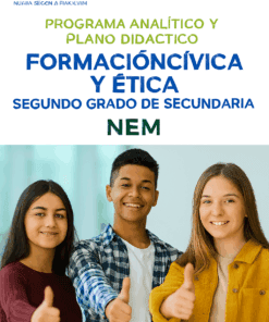 Tres estudiantes sonrientes, dos chicas y un chico, permanecen juntos en el interior dando pulgares arriba. En el fondo aparece un texto sobre un programa de educación cívica y ética para segundo de secundaria en español.