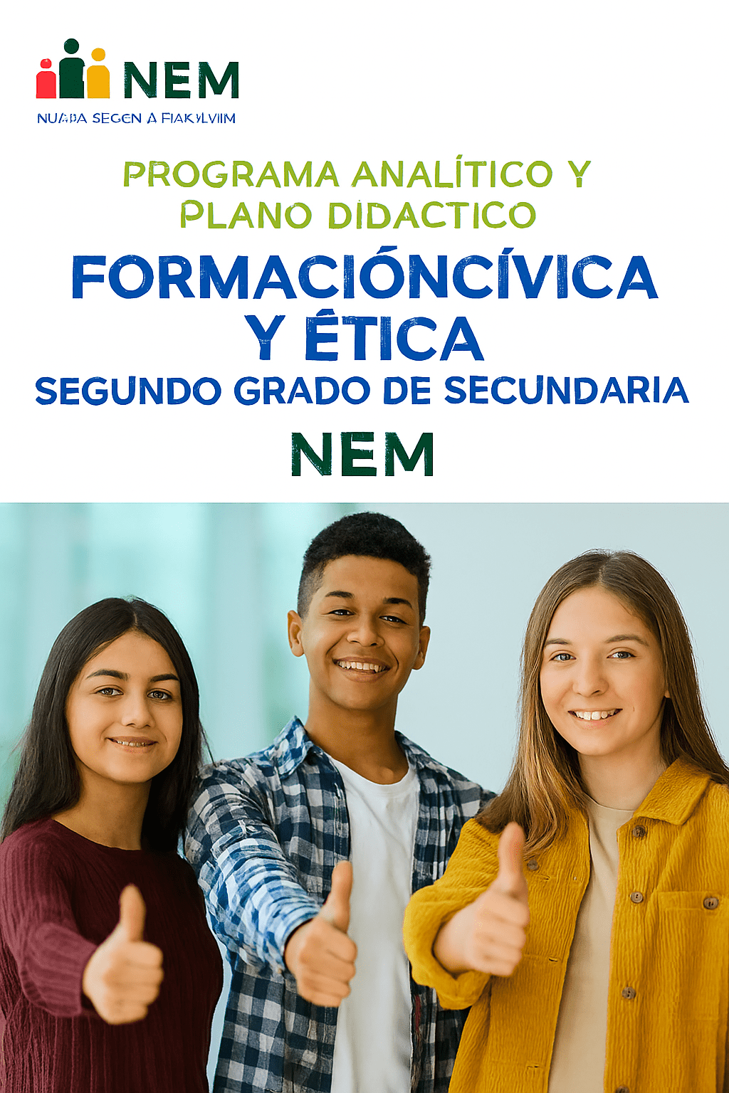 Formación Cívica y Ética - Programa Analítico y Plano Didáctico - Segundo Grado de Secundaria 1 Tres estudiantes sonrientes, dos chicas y un chico, permanecen juntos en el interior dando pulgares arriba. En el fondo aparece un texto sobre un programa de educación cívica y ética para segundo de secundaria en español.
