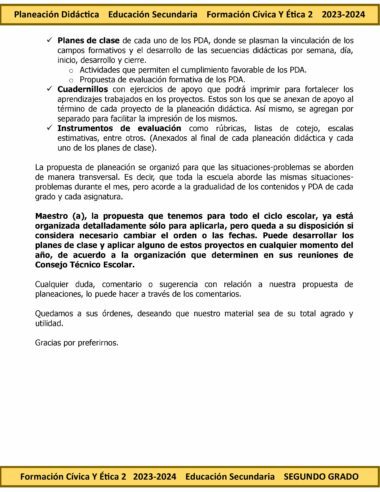 Un documento en español que describe componentes como la planificación semanal de proyectos, ejercicios adicionales e instrumentos de evaluación para el **Programa Analítico Anual FORMACIÓN CÍVICA Y ÉTICA 2 Secundaria 2º (Ciclo Escolar 2023 – 2024)**.