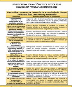 Un documento titulado “Programa Analítico Anual FORMACIÓN CÍVICA Y ÉTICA 2 Secundaria 2º (Ciclo Escolar 2023 – 2024)”. Detalla el contenido académico y los procesos para desarrollar la comprensión de la ética, los derechos humanos, los valores, los movimientos sociales, la disparidad socioeconómica y las leyes.