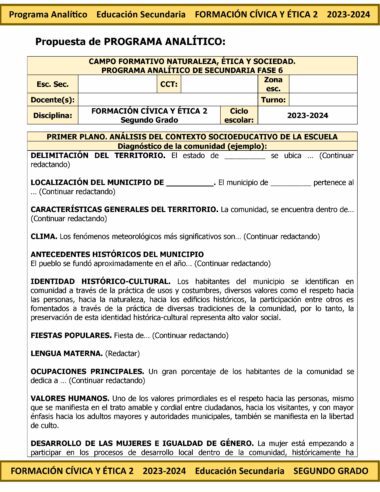 Un documento impreso en español titulado "Propuesta de PROGRAMA ANALÍTICO" describe un programa académico para secundaria en México. Detalla la asignatura “Programa Analítico Anual FORMACIÓN CÍVICA Y ÉTICA 2 Secundaria 2º (Ciclo Escolar 2023 – 2024)” para segundo grado durante el Ciclo Escolar 2023 – 2024.