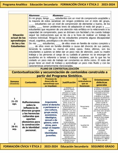 Una página detallada titulada "Programa Analítico Anual FORMACIÓN CÍVICA Y ÉTICA 2 Secundaria 2º (Ciclo Escolar 2023 – 2024)" para la educación secundaria en el Ciclo Escolar 2023 – 2024. Presenta secciones sobre situaciones, contexto y actividades de los estudiantes para el período de agosto. 28 al 1 de septiembre.