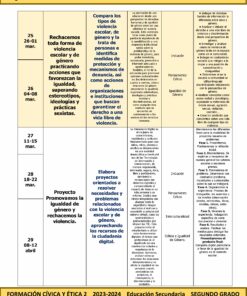 Una tabla describe el Programa Analítico Anual FORMACIÓN CÍVICA Y ÉTICA 2 Secundaria 2º (Ciclo Escolar 2023 – 2024) del año escolar 2023-2024 para estudiantes de segundo grado de secundaria. Incluye actividades, fechas (que van del 26 y 27 de enero al 28 y 29 de abril) y temas como violencia de género, igualdad, respeto y derechos humanos.
