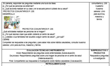 Un documento que describe las actividades educativas y las evaluaciones relacionadas con los proyectos de salud comunitaria del PROYECTO SEGUNDO Feria de la Salud. Incluye preguntas para discusión, tareas para desarrollar buenos hábitos de salud y técnicas de evaluación. Los títulos de las secciones y las tareas están en español, perfectos para una Feria de la Salud.
