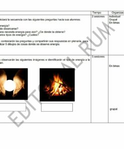Página de hoja de trabajo con preguntas en español sobre fuentes de energía y conversión, diseñada para 