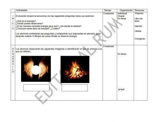 Página de hoja de trabajo con preguntas en español sobre fuentes de energía y conversión, diseñada para "Planeaciones Secundaria Fisica Ciencias 2 (Trimestre 2) 2021-2022", que presenta dos imágenes: una del sol y otra de una fogata, con espacios para escribir