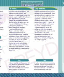Infografía educativa con diseño colorido, que incluye secciones sobre educación física, atención médica y desarrollo de proyectos, acompañada de ilustraciones y texto.