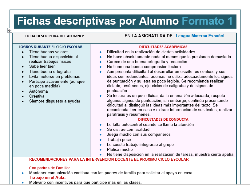 Fichas Descriptivas para secundaria