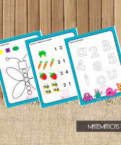 Cuatro coloridas tarjetas educativas con números e ilustraciones colocadas sobre una superficie de madera, etiquetadas 