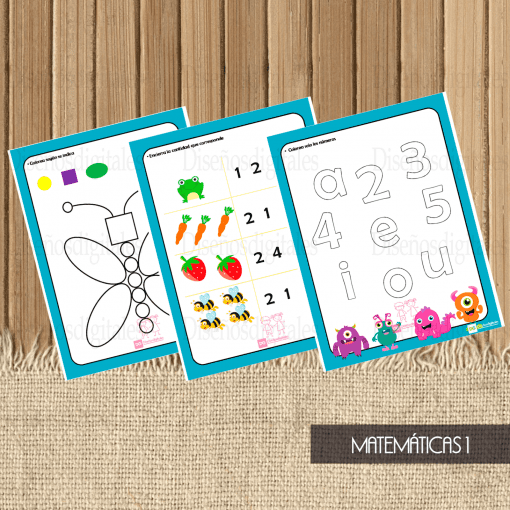 Cuatro coloridas tarjetas educativas con números e ilustraciones colocadas sobre una superficie de madera, etiquetadas "Actividades de Matemáticas 1 para Niños", diseñadas para el aprendizaje temprano.