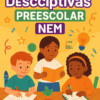 Ilustración de tres preescolares dibujando en una mesa. El texto dice "Fichas Descriptivas de Preescolar para Imprimir y Editar", destacando fichas descriptivas útiles y sugiriendo a los usuarios que las descarguen de la página web que aparece a continuación.
