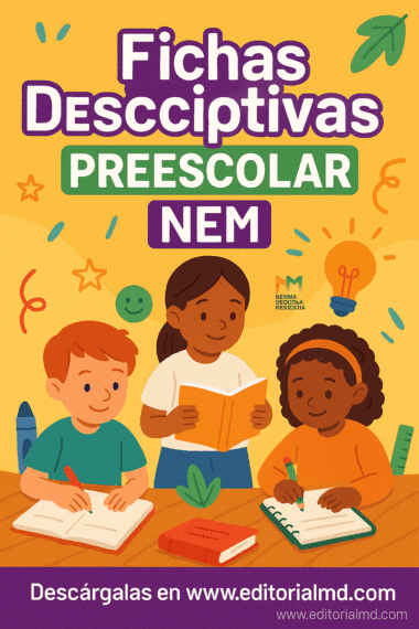 Ilustración de tres preescolares dibujando en una mesa. El texto dice "Fichas Descriptivas de Preescolar para Imprimir y Editar", destacando fichas descriptivas útiles y sugiriendo a los usuarios que las descarguen de la página web que aparece a continuación.