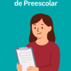 Ilustración de una mujer sonriente con cabello largo y castaño sosteniendo un portapapeles sobre un fondo verde azulado, con el texto en español "Fichas Descriptivas de Preescolar para Imprimir y Editar", destacando hojas descriptivas útiles para preescolar.
