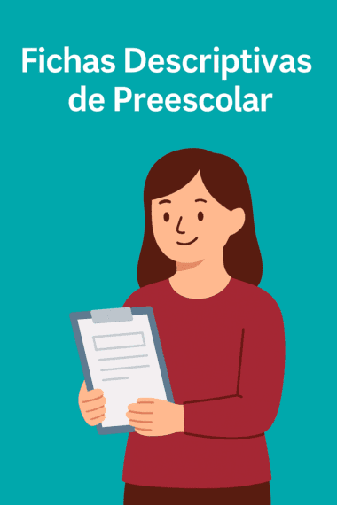Ilustración de una mujer sonriente con cabello largo y castaño sosteniendo un portapapeles sobre un fondo verde azulado, con el texto en español "Fichas Descriptivas de Preescolar para Imprimir y Editar", destacando hojas descriptivas útiles para preescolar.