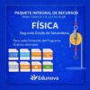 Infografía azul sobre un paquete de recursos de Física para segundo de secundaria. Incluye iconos de materiales: analítico, dosificación, planeación, actividades, proyecto, examen, y guía. Logo de Edunova abajo.