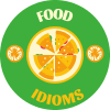 Un gráfico circular con fondo verde muestra una pizza cortada en seis porciones en el centro, flanqueada por dos ilustraciones de tomates. Las palabras "Food Idioms" están escritas encima y debajo de la pizza en letras amarillas y en negrita, resaltando varios dichos relacionados con la comida.