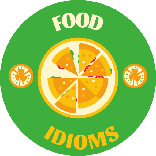Un gráfico circular con fondo verde muestra una pizza cortada en seis porciones en el centro, flanqueada por dos ilustraciones de tomates. Las palabras "Food Idioms" están escritas encima y debajo de la pizza en letras amarillas y en negrita, resaltando varios dichos relacionados con la comida.