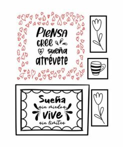 La imagen presenta una serie de marcos con texto motivador en español e ilustraciones simples en blanco y negro, perfectas para STICKERS Frases Motivacionales. El texto superior dice 