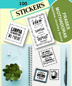 Se muestra una hoja con más de 100 STICKERS Frases Motivacionales en español. Las pegatinas incluyen frases como 
