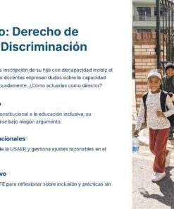 Guía de Apoyo Promoción Vertical Función Directiva Educación Primaria- USICAMM 2026 - 2027 + (Simulador 90 Reactivos 55 Un grupo de niños de primaria, sonrientes y con mochilas, caminan juntos por un sendero pavimentado fuera de un edificio escolar. El texto habla de la inclusión, los derechos de los discapacitados y la no discriminación en la educación.