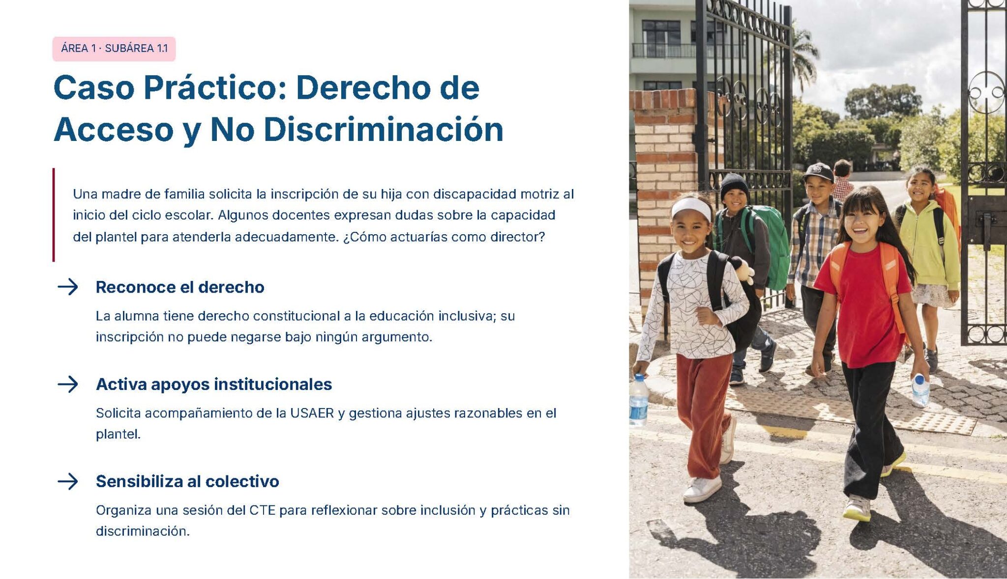 Guía de Apoyo Promoción Vertical Función Directiva Educación Primaria- USICAMM 2026 - 2027 + (Simulador 90 Reactivos 28 Un grupo de niños de primaria, sonrientes y con mochilas, caminan juntos por un sendero pavimentado fuera de un edificio escolar. El texto habla de la inclusión, los derechos de los discapacitados y la no discriminación en la educación.