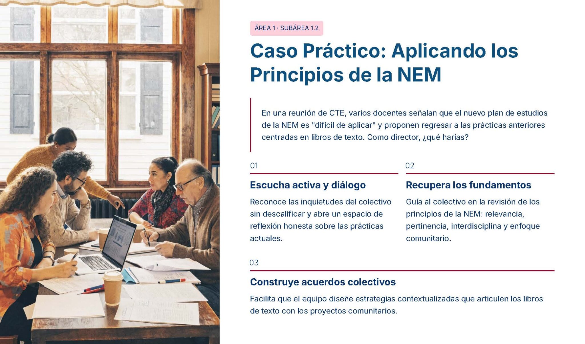 Guía de Apoyo Promoción Vertical Función Directiva Educación Primaria- USICAMM 2026 - 2027 + (Simulador 90 Reactivos 27 Cuatro personas se sientan alrededor de una mesa en una sala de reuniones, debatiendo documentos y tomando notas. El texto de la derecha explica un caso práctico sobre la aplicación de los principios de la NEM en la educación, con apartados sobre escuchar, establecer acuerdos y reforzar los cimientos.
