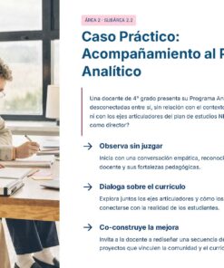 Guía de Apoyo Promoción Vertical Función Directiva Educación Primaria- USICAMM 2026 - 2027 + (Simulador 90 Reactivos 49 Dos personas sentadas a una mesa discutiendo documentos. A la derecha, un texto en azul describe estrategias para apoyar un plan de estudios analítico, como observar sin juzgar, debatir el plan de estudios y co-crear mejoras.