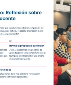 Guía de Apoyo Promoción Vertical Función Directiva Educación Primaria- USICAMM 2026 - 2027 + (Simulador 90 Reactivos 46 Una diapositiva en español presenta un estudio de caso sobre la práctica docente, con texto y una imagen de cuatro adultos discutiendo en torno a una mesa con papeles y un ordenador portátil. Una mujer está de pie, señalando hacia una gran pantalla.