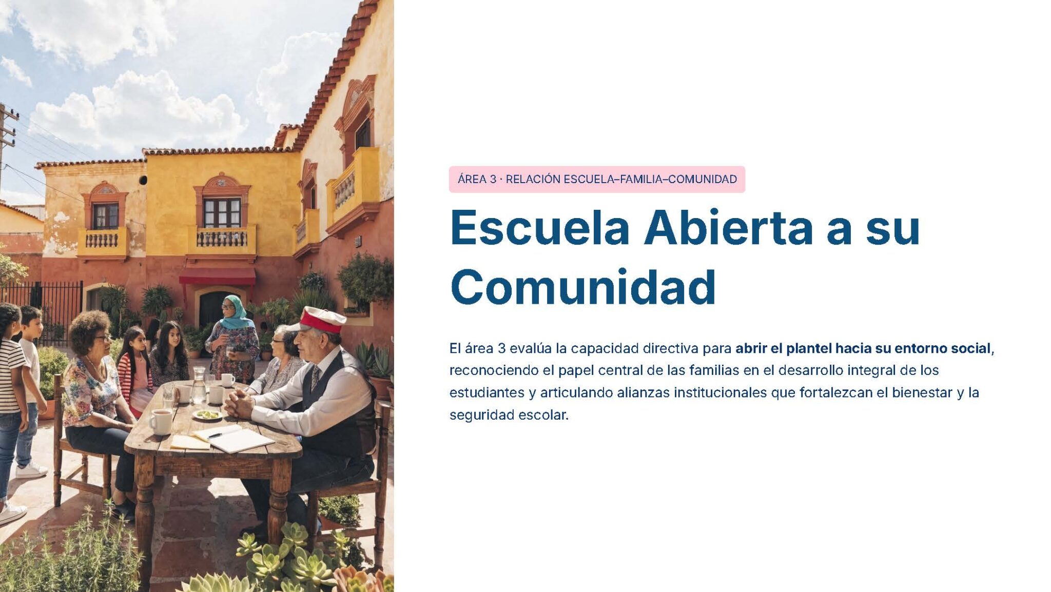 Guía de Apoyo Promoción Vertical Función Directiva Educación Primaria- USICAMM 2026 - 2027 + (Simulador 90 Reactivos 20 Un grupo de adultos y niños se sientan alrededor de una mesa al aire libre, en un colorido patio, compartiendo comida y charlando. El entorno es luminoso y acogedor, con edificios amarillos y rojos y plantas de fondo. El texto en español aparece a la derecha.