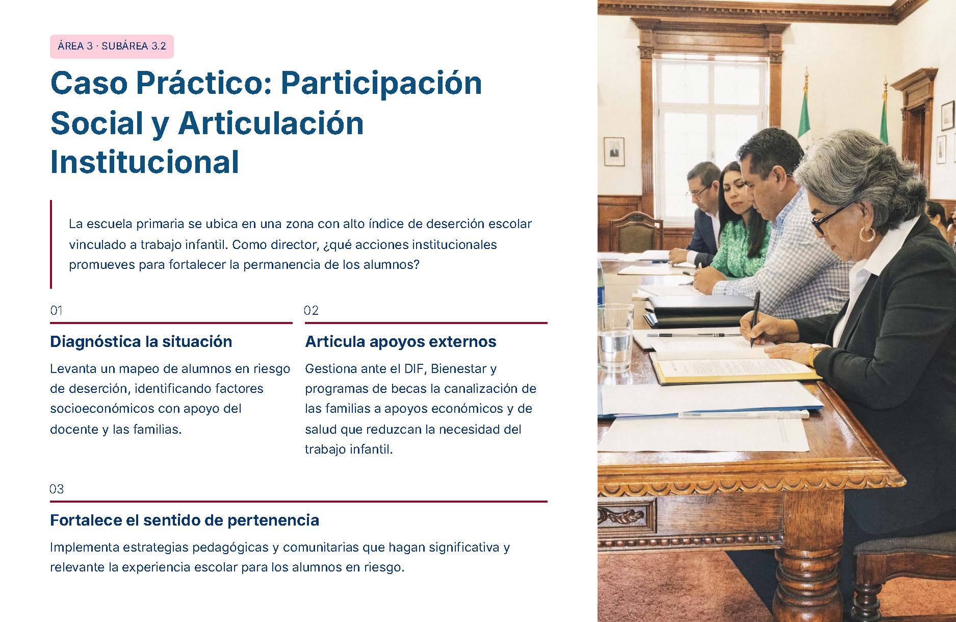 Guía de Apoyo Promoción Vertical Función Directiva Educación Primaria- USICAMM 2026 - 2027 + (Simulador 90 Reactivos 16 Un grupo de cuatro adultos se sienta a la mesa de un despacho, escribiendo y discutiendo documentos. A la izquierda, un documento explica las estrategias para mejorar la asistencia a la escuela, centrándose en el diagnóstico, el apoyo externo y el fomento de la pertenencia.
