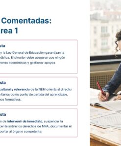 Guía de Apoyo Promoción Vertical Función Directiva Educación Primaria- USICAMM 2026 - 2027 + (Simulador 90 Reactivos 40 Una mujer escribe en un escritorio con papeles y un ordenador portátil. A la izquierda, un cuadro de texto titulado