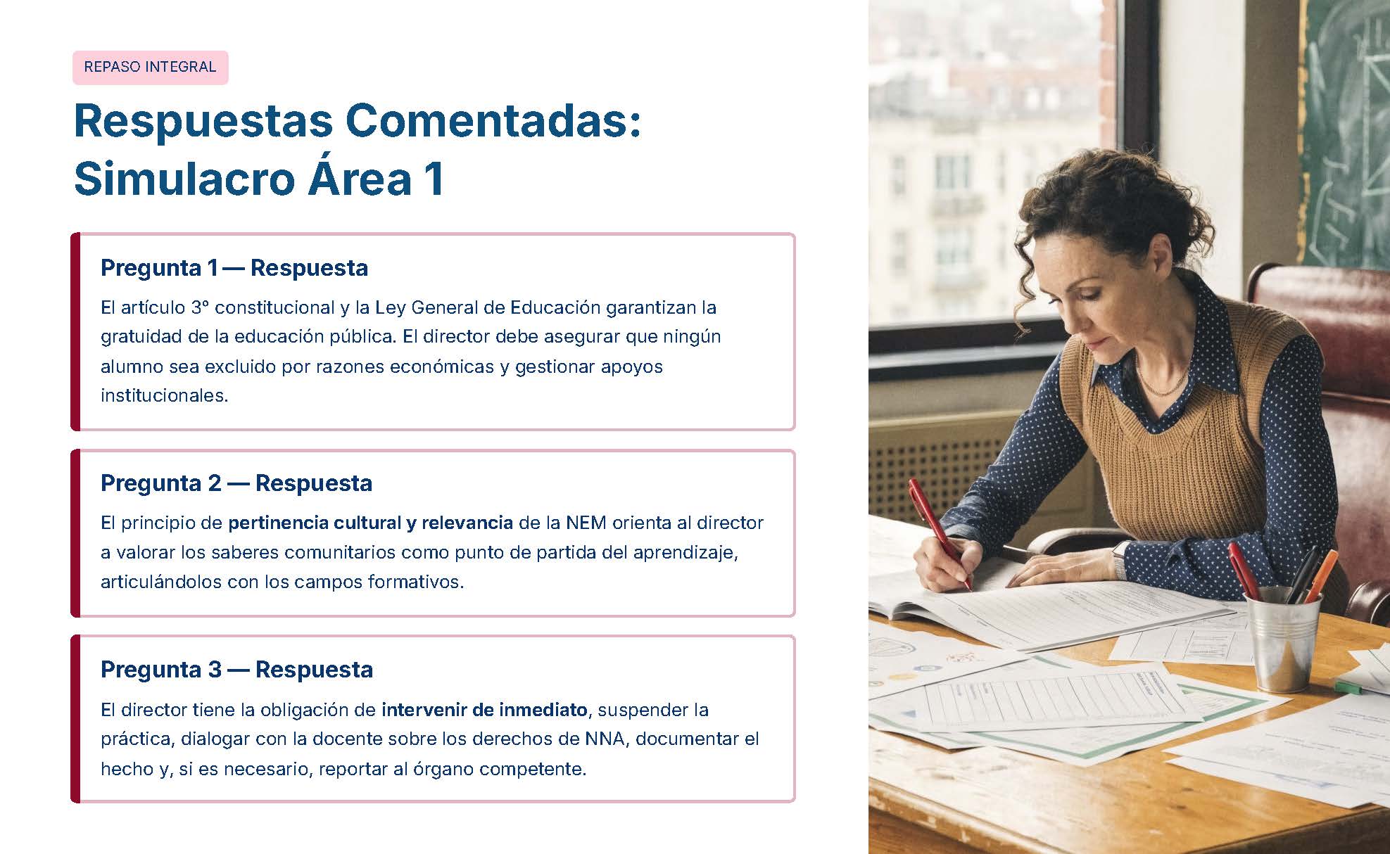 Guía de Apoyo Promoción Vertical Función Directiva Educación Primaria- USICAMM 2026 - 2027 + (Simulador 90 Reactivos 13 Una mujer escribe en un escritorio con papeles y un ordenador portátil. A la izquierda, un cuadro de texto titulado "Respuestas Comentadas: Simulacro Área 1" resume en español las respuestas a tres preguntas relacionadas con la educación.