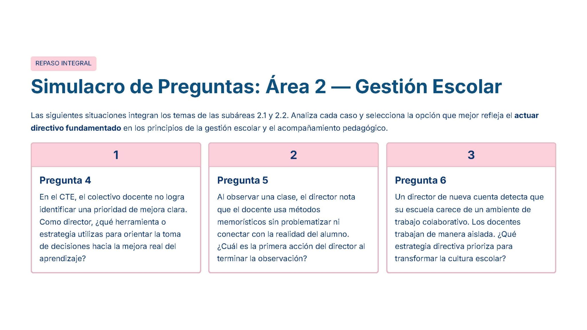 Guía de Apoyo Promoción Vertical Función Directiva Educación Primaria- USICAMM 2026 - 2027 + (Simulador 90 Reactivos 14 Imagen de una ficha didáctica en español titulada "Simulacro de Preguntas: Área 2 - Gestión Escolar", con tres recuadros de preguntas centrados en escenarios de gestión escolar para profesores o administradores.