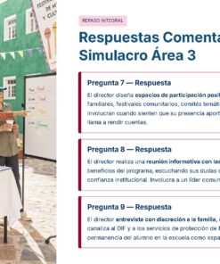 Guía de Apoyo Promoción Vertical Función Directiva Educación Primaria- USICAMM 2026 - 2027 + (Simulador 90 Reactivos 37 Una mujer está de pie junto a un tablero de presentación, señalando a un grupo de personas sentadas al aire libre. La pizarra tiene notas de colores, y el texto junto a la imagen habla de estrategias para la participación familiar, reuniones informativas y discreción en la gestión de casos.